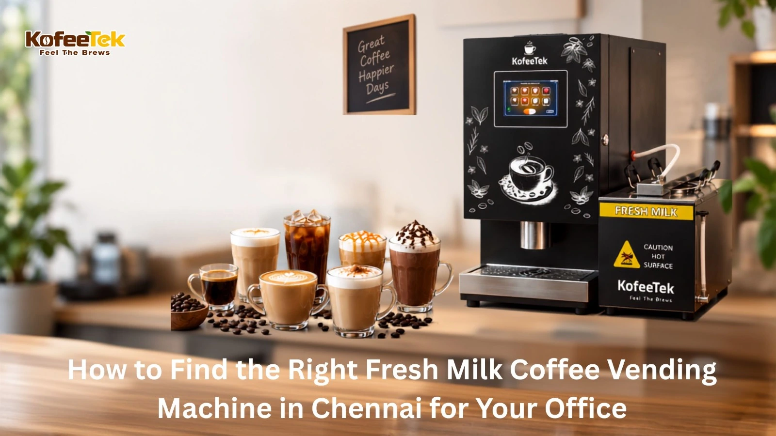 KofeeTek fresh milk coffee vending machine with touchscreen menu and fresh milk unit beside a selection of hot and iced coffees on an office counter